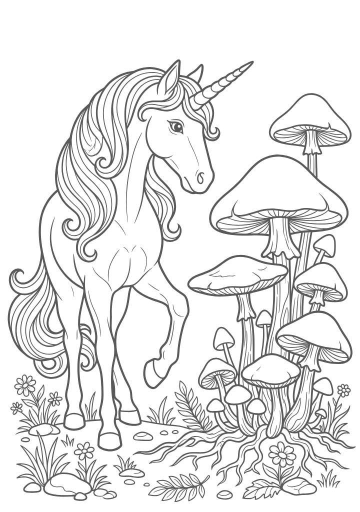 Unicorn and mushrooms coloring book
