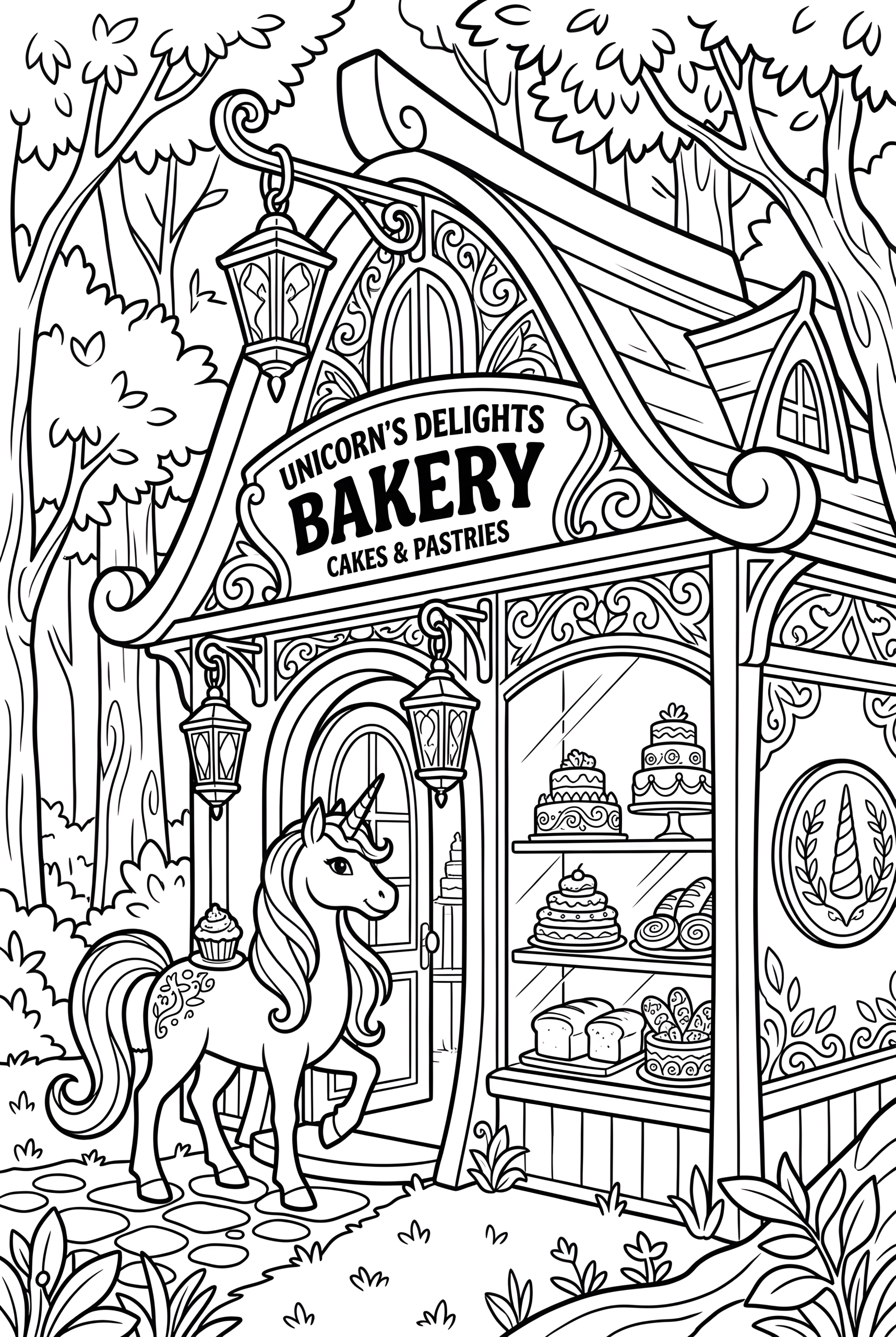 his delightful illustration features a charming forest bakery tucked deep among towering trees, curling vines, and cozy storybook scenery. At the heart of the scene stands an elegant unicorn, welcoming visitors to the beautifully detailed “Unicorn’s Delights Bakery,” a fantasy-inspired pastry shop filled with irresistible cakes, breads, pastries, and magical charm.