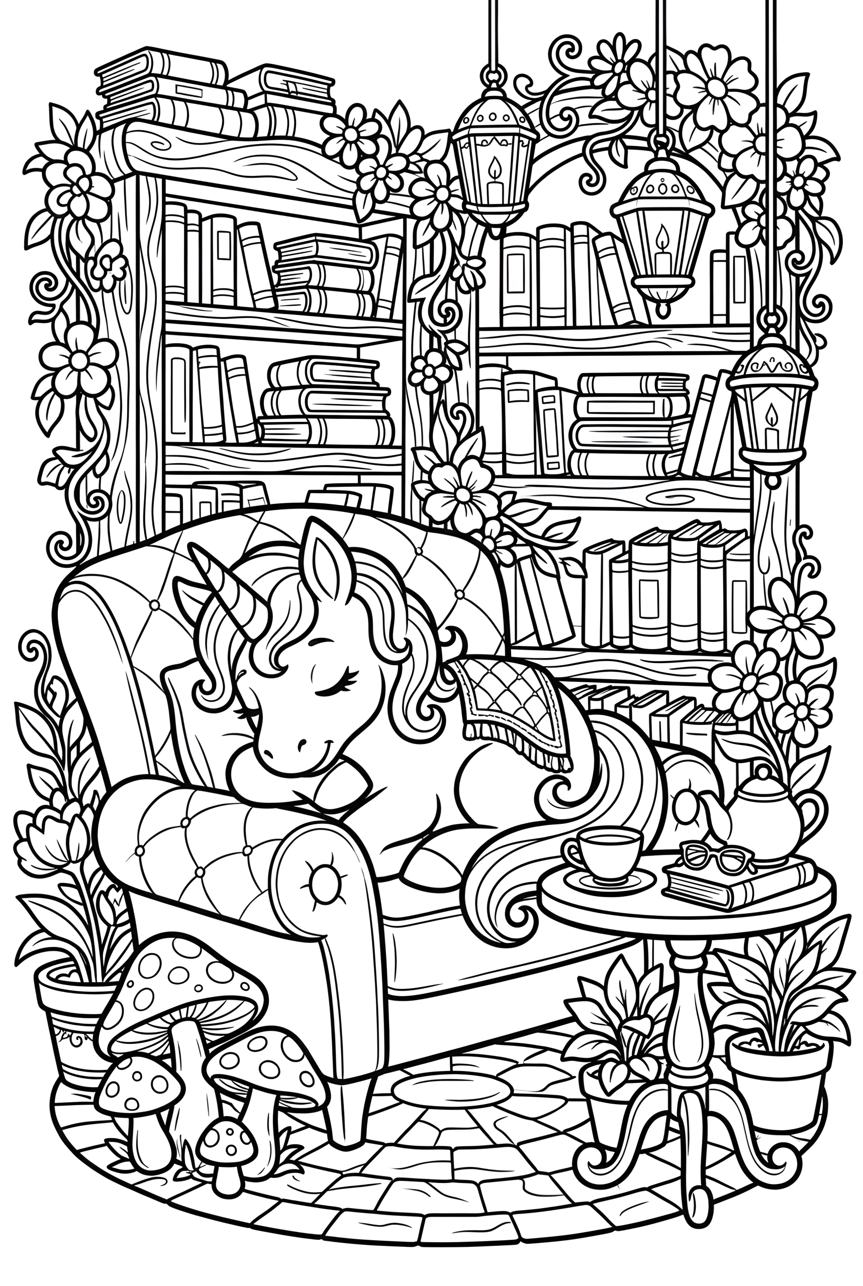 Tucked away in a quiet corner of an enchanted bookstore café, a sleepy unicorn curls up beneath the warm glow of hanging lanterns, and it’s pure magic! Shelves overflowing with old books turn the space into the coziest little hideaway, while blooming flowers, woodland mushrooms, soft blankets, and the comforting presence of tea and stories come together to create the dreamiest escape. This coloring page beautifully captures that blissful feeling of slowing down, breathing deeply, and savoring a calm, gentle moment away from the rush and noise of everyday life.