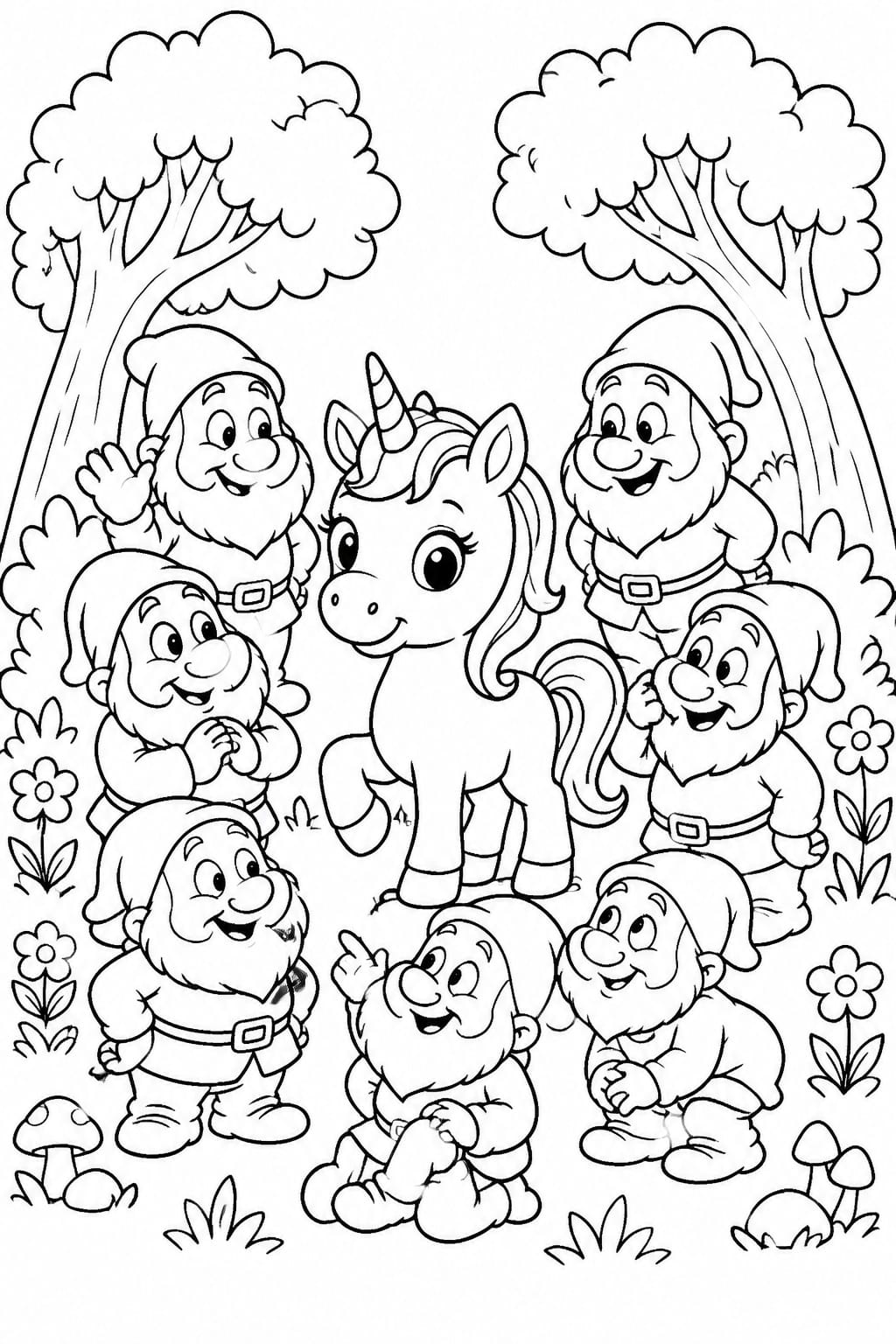 This charming unicorn coloring page blends fantasy and classic fairy-tale inspiration in a way that appeals to both kids and adults who enjoy relaxing creative activities. At the center of the scene is a cute baby unicorn with a flowing mane, large expressive eyes, and a friendly posture that makes it instantly engaging for coloring enthusiasts. Surrounding the unicorn are seven cheerful dwarf-like characters, each with distinct facial expressions and poses, creating a lively, story-driven composition.