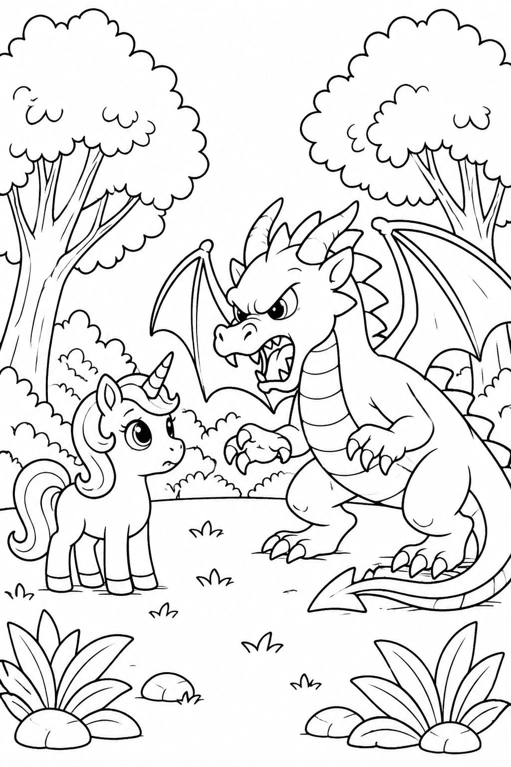 This unicorn and dragon coloring page combines two popular fantasy elements into a single printable design that’s both fun and engaging. The scene features a cute unicorn facing a fierce dragon, creating a dynamic contrast that appeals to kids who enjoy magical creatures as well as slightly more adventurous themes. It works well for a range of ages, from younger children who like simple shapes to older kids who want a bit more detail in their coloring pages.