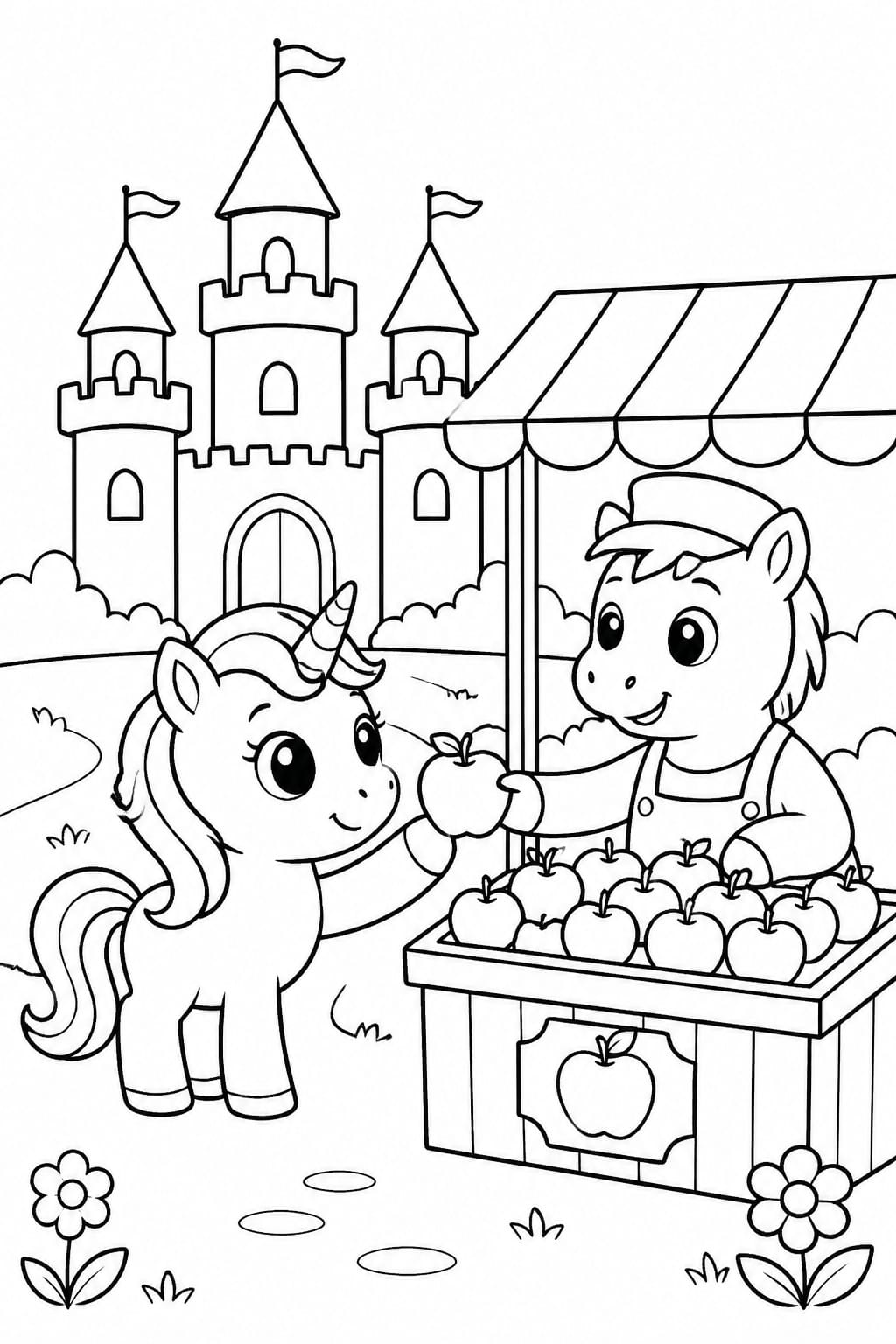 The scene shows a friendly baby unicorn visiting a small market stall, where a cheerful vendor offers fresh apples. With a fairytale castle in the background and flowers scattered on the ground, the entire illustration feels calm, welcoming, and full of gentle fantasy.