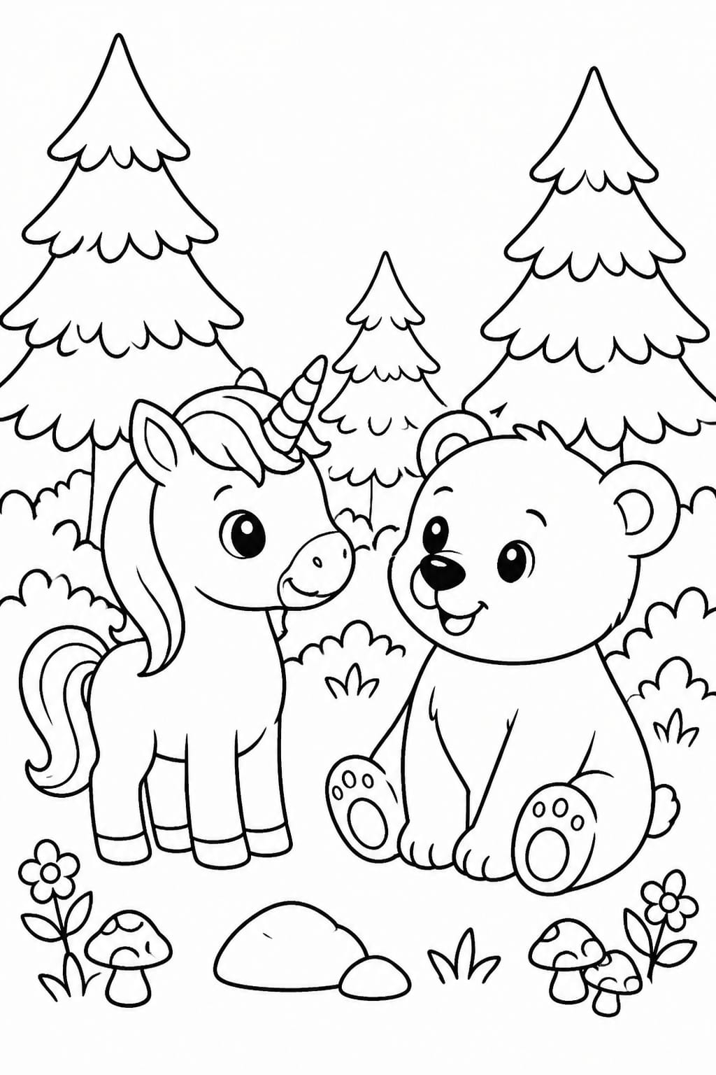 This unicorn coloring page features a gentle, heartwarming forest scene centered around a baby unicorn and a friendly bear cub sitting together in a peaceful natural setting. The two characters face each other with soft, happy expressions, creating a calm, welcoming atmosphere that immediately appeals to children and anyone who enjoys relaxing coloring activities. The unicorn’s rounded features, flowing mane, and small horn give it a playful, approachable look, while the bear adds a sense of companionship and warmth to the scene.