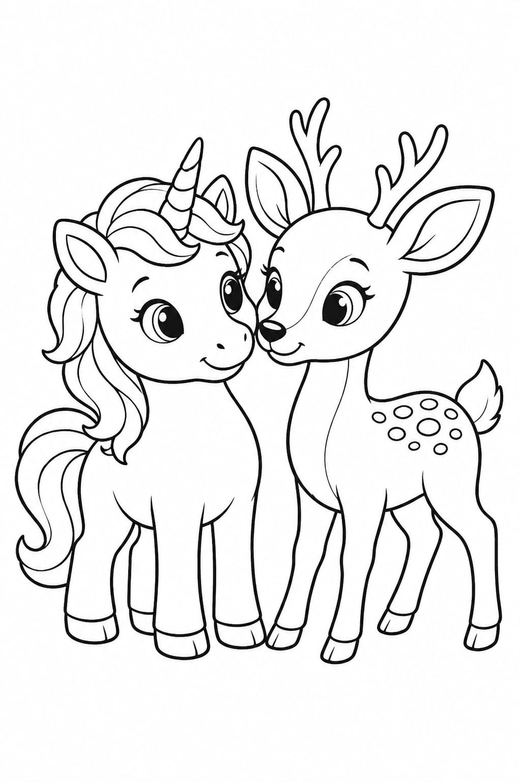 This unicorn coloring page features a soft, affectionate scene between a baby unicorn and a young deer, creating a calm, friendly woodland moment that is easy to enjoy and color. The two characters stand close together, gently facing each other with relaxed expressions, giving the image a warm, peaceful feeling. The unicorn’s rounded shape, flowing mane, and small horn make it approachable and playful, while the deer, with its delicate legs, small antlers, and spotted back, adds a natural forest element that balances the fantasy theme.