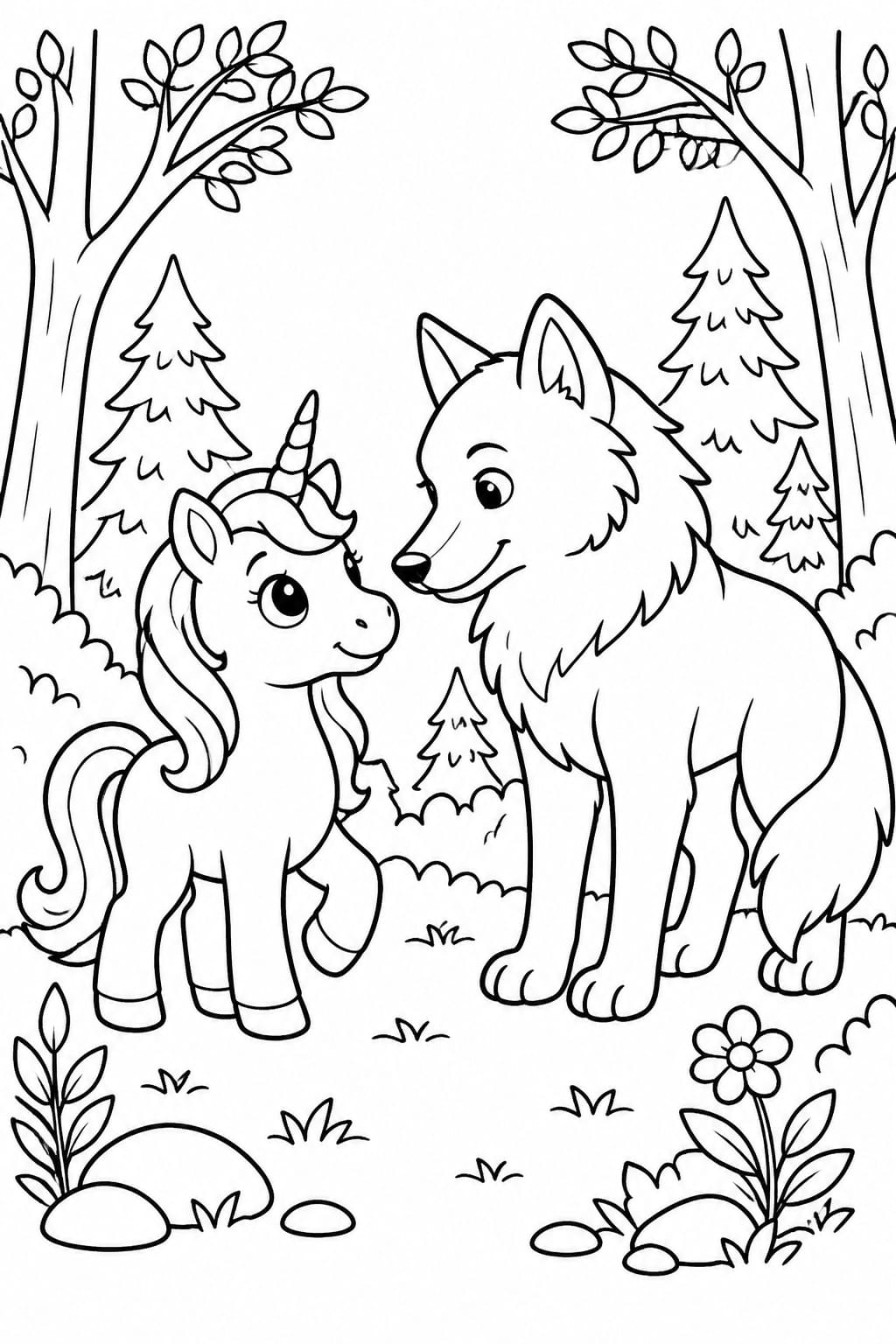 This unicorn coloring page brings a sense of adventure and curiosity to life with a magical forest encounter between a baby unicorn and a friendly wolf. The two characters face each other in a peaceful woodland setting, creating a moment that feels both exciting and gentle at the same time.