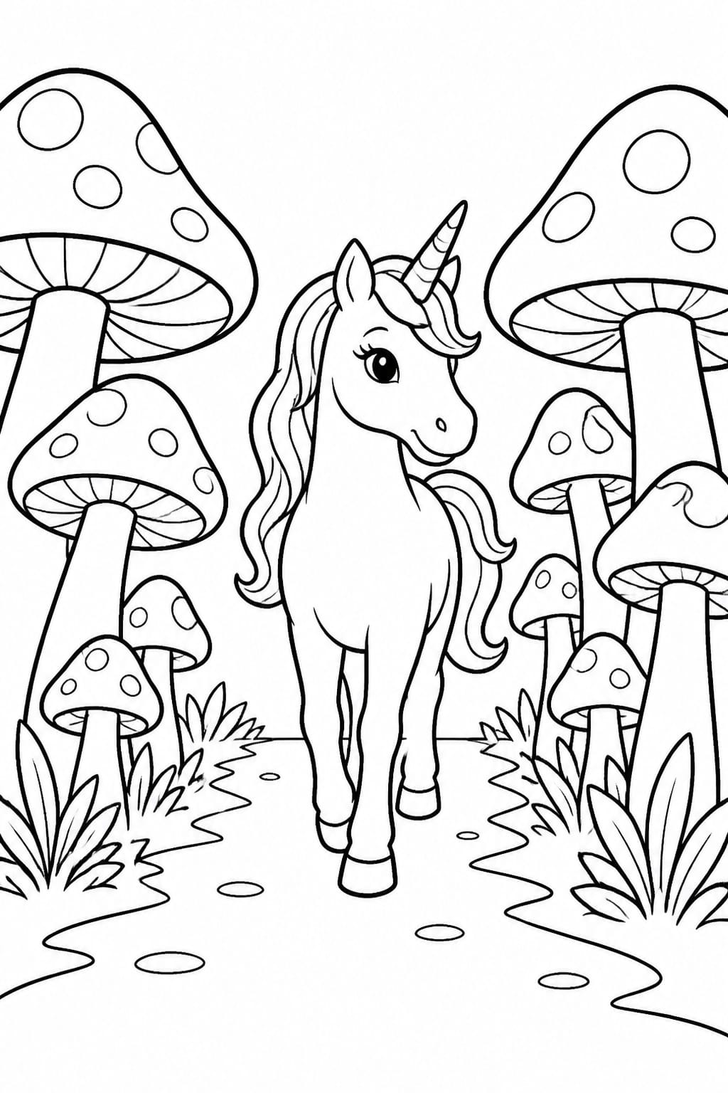 This unicorn coloring page features a gentle forest scene where a graceful unicorn walks along a winding path surrounded by whimsical mushrooms and soft foliage. The clean linework and open spaces make it ideal for both beginners and more experienced colorists, offering a relaxing and creative activity for kids and adults alike. The balanced composition helps guide the eye naturally across the page, making it easy to decide where to start coloring while still leaving room for imagination.