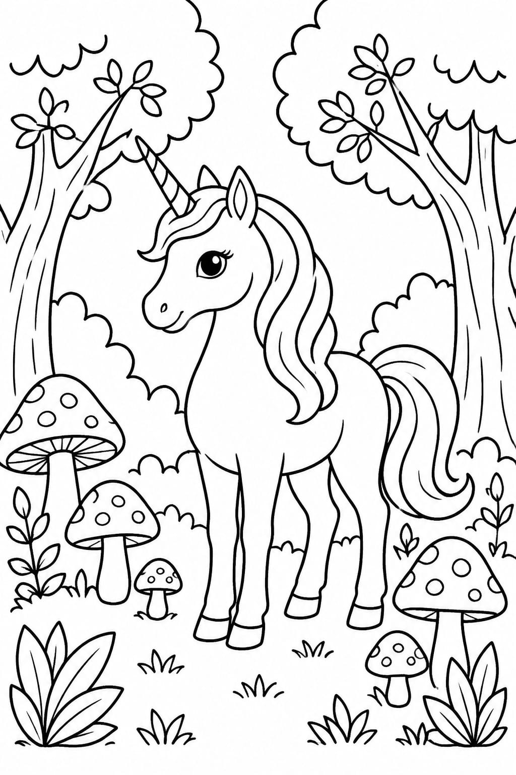 Cute Unicorn in Magical Forest Coloring Page (Free Printable)